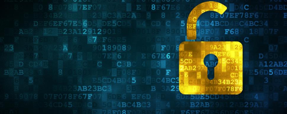 A shiny gold padlock icon over a collage of computer code.